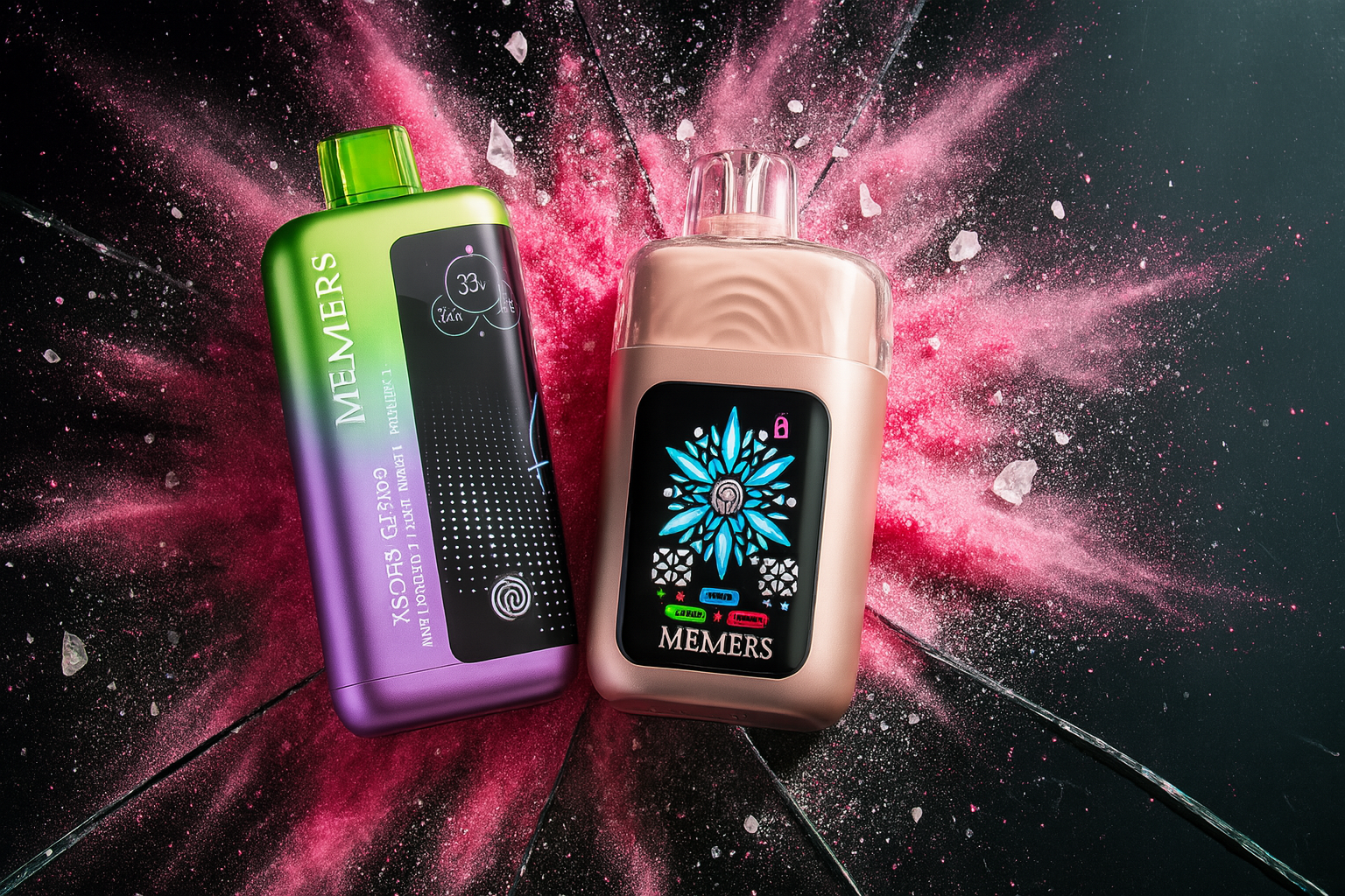 A vibrant product photo features two vape devices against a dramatic, icy backdrop. The device on the left is a turquoise and black vape with a digital screen on the side. The device on the right is a boxy, peach-colored vape with a large number 7 displayed on its screen.