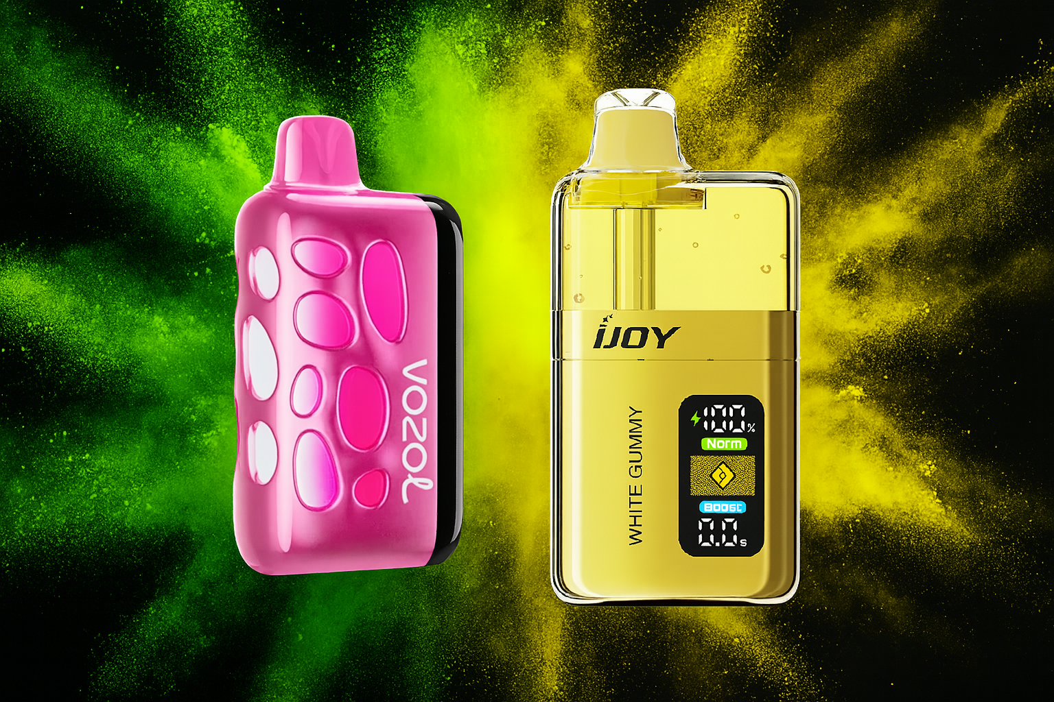 Two unique vape devices are shown against a striking background of bright yellow and green powder explosions. The device on the left is a vibrant pink with a raised, bumpy texture on its surface. The one on the right is a metallic gold color and features a clear section that shows the liquid inside.