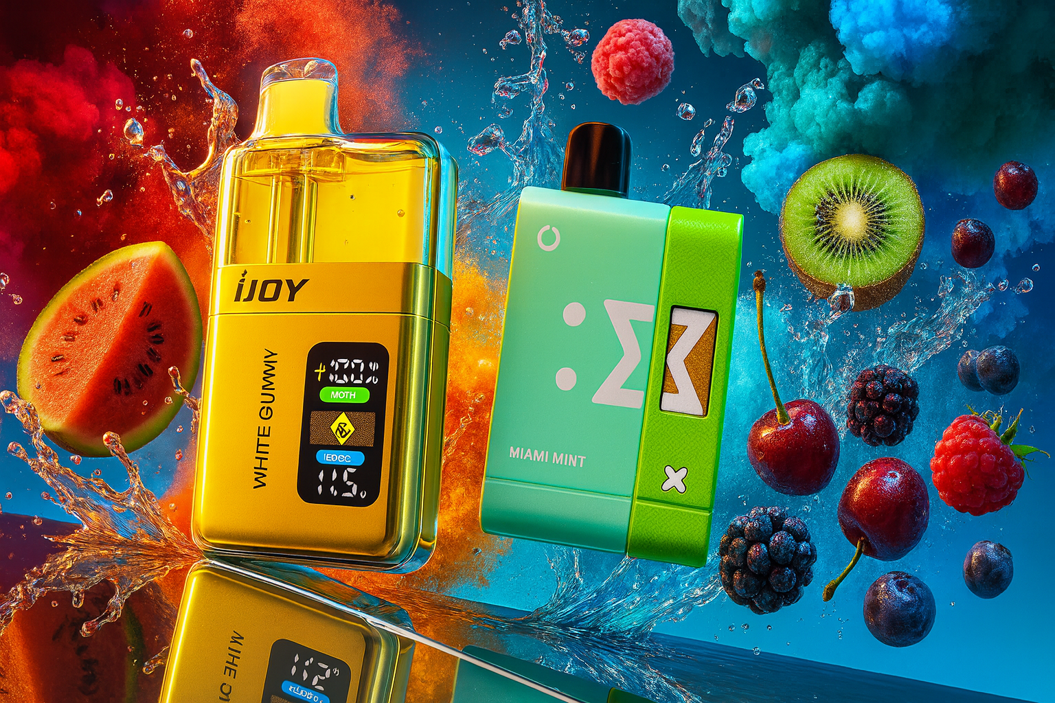 Two brightly colored disposable vape devices are featured, one yellow and one teal and lime green, set against a dynamic background of fruit and splashing water. The image conveys a fresh, vibrant, and fruity theme, with halves of watermelon and kiwi, cherries, raspberries, and blackberries scattered around the devices. The vapes and fruit are reflected on a slick, dark surface, enhancing the sense of motion and vivid color.