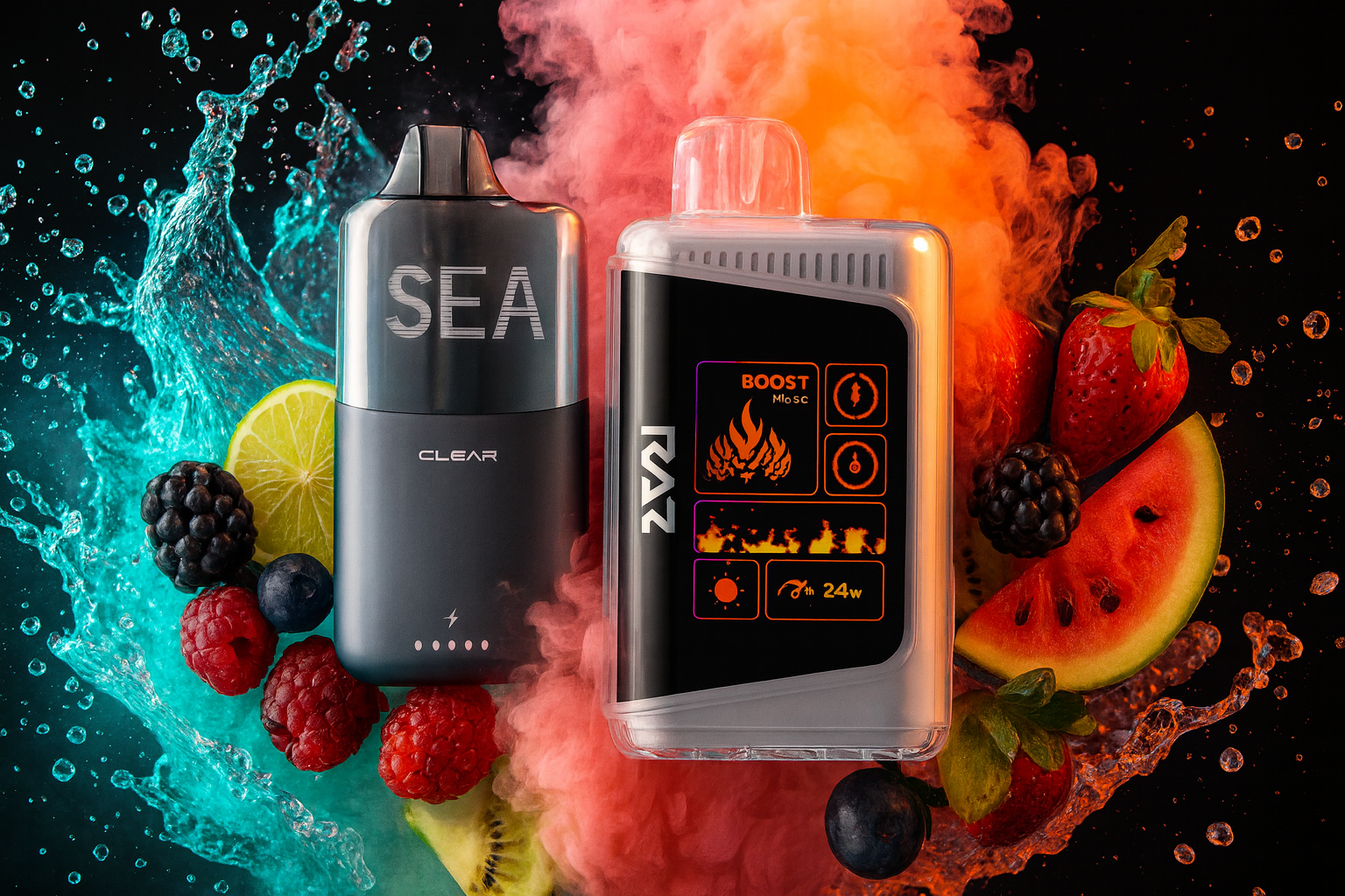 A vibrant product image displays two contrasting disposable vape devices: a minimalist dark gray 