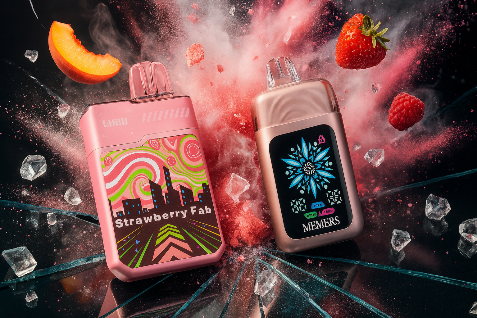 An eye-level shot captures two modern, rectangular vape devices. The one on the left is pink with an abstract design, while the one on the right is a rose gold color with a snowflake-like pattern. They are dramatically set on a shattered, reflective surface amidst a cloud of red powder, floating ice shards, and pieces of fruit like a peach slice, a strawberry, and a raspberry.