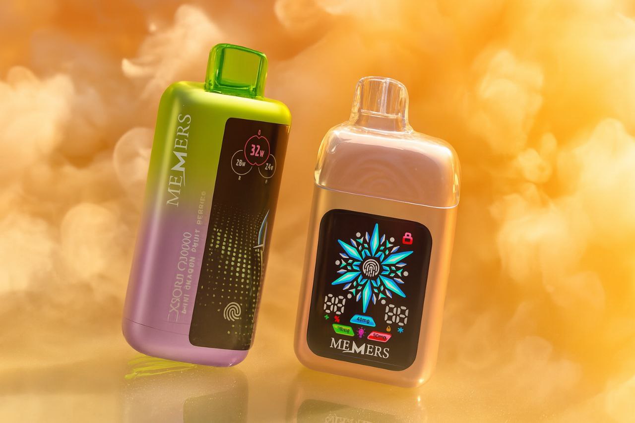 A close-up, backlit studio shot displays two electronic vaporizers, a green-to-purple gradient one on the left and a translucent one on the right, against a luminous orange background. The backdrop is filled with soft, glowing smoke, creating a warm and hazy atmosphere. Both devices are positioned at an angle, catching the light and emphasizing their glossy finishes and sleek designs.