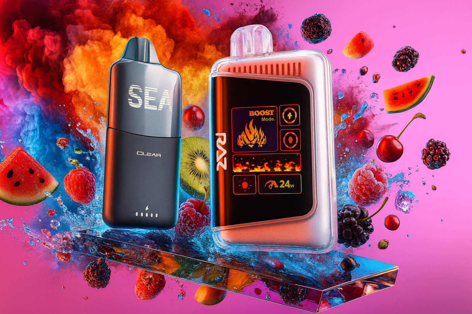 A futuristic and highly stylized studio photograph displays two disposable vapes floating above a reflective surface against a vibrant pink backdrop. The device on the left is a dark, sleek gradient design, while the one on the right is a translucent white body featuring a vivid, digital display screen with fire graphics and power settings. The surrounding composition is dynamic, featuring an explosion of colorful smoke, floating raspberries, blackberries, cherries, and slices of watermelon and kiwi, emphasizing a fruity theme.