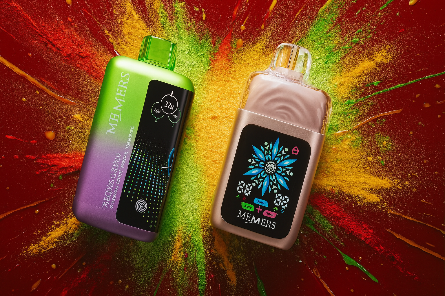 Two vape devices are arranged on a surface with a dynamic, starburst pattern of colored powders and liquids. The device on the left has a green-to-purple gradient, while the one on the right is a metallic silver-brown with a detailed screen graphic. The vibrant background, featuring red, green, and yellow splashes, creates a sense of energetic movement.