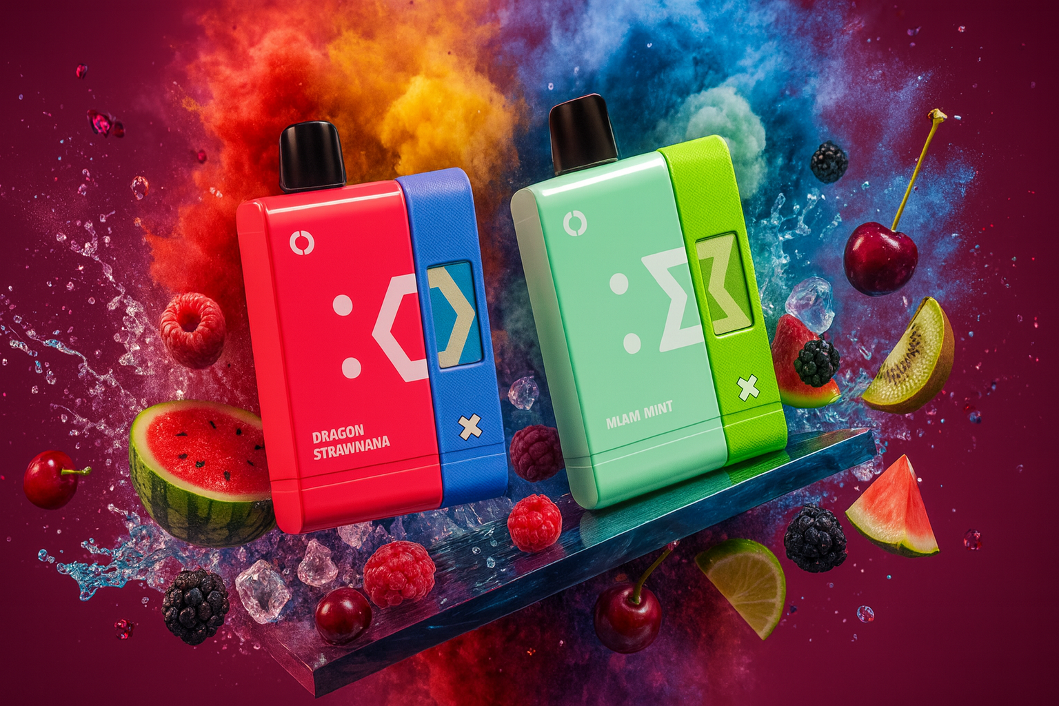 A vibrant product image showcases two contrasting, blocky disposable vapes with a hexagonal $\Sigma$ logo, resting on a reflective glass or ice slab. The red and blue device on the left, labeled 