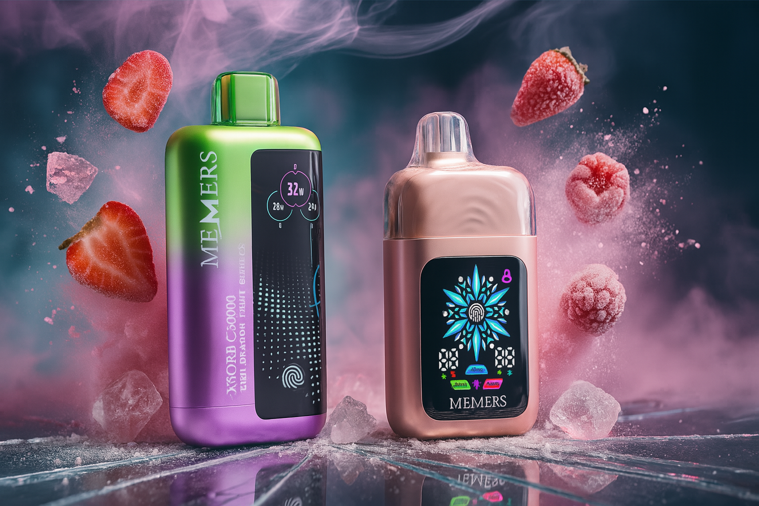 An eye-level shot shows two modern, stylish vape devices. The one on the left is a vibrant lime green and purple, while the one on the right is a rose gold color. They are set on a reflective, shattered surface and surrounded by swirling pink and blue smoke, floating strawberries, raspberries, and ice cubes.