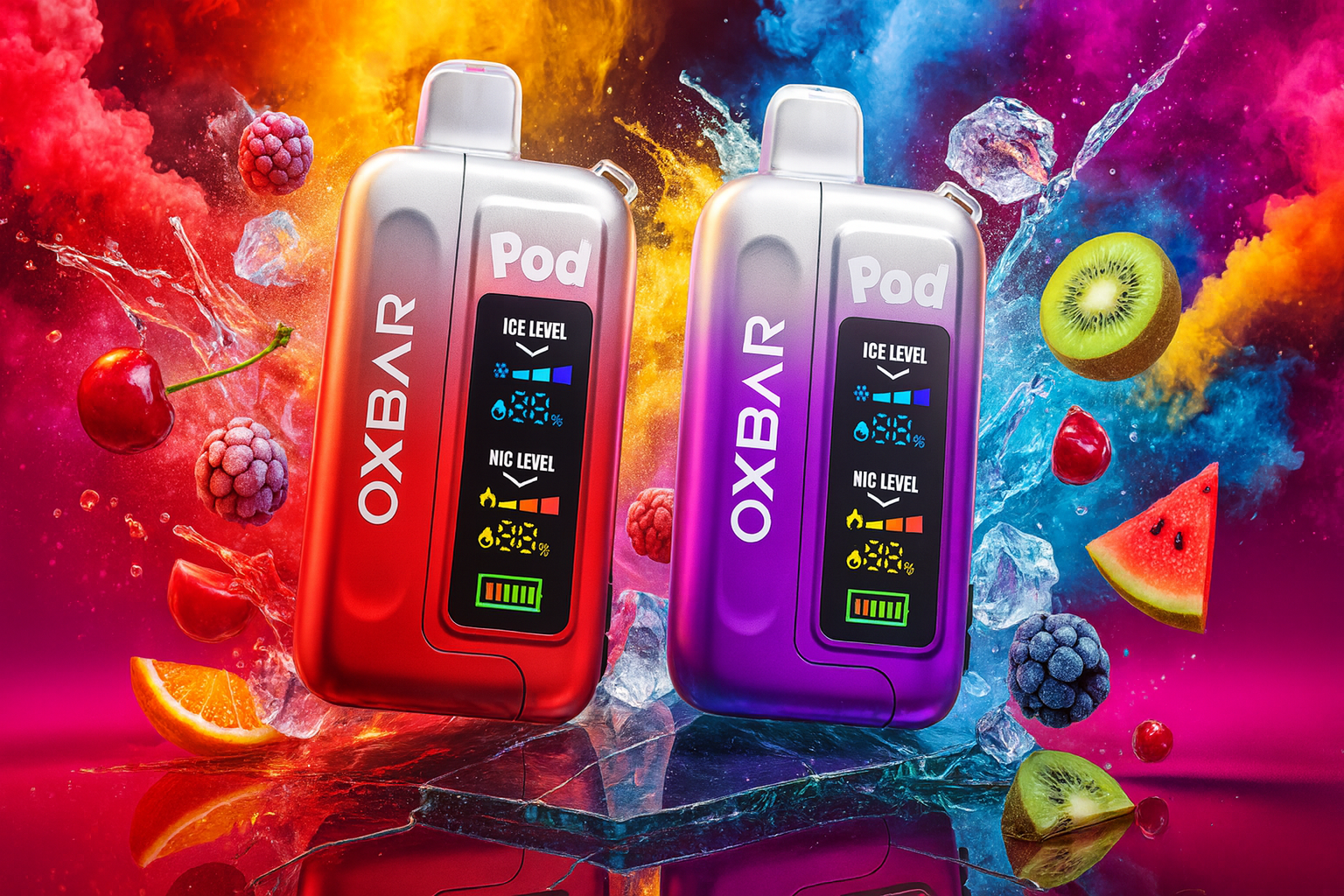 This is a dynamic and colorful studio photograph featuring two identical, box-shaped vape devices in red and purple, set against a background of swirling red and blue vapor. The devices are surrounded by various fruits, including orange slices, raspberries, kiwi, and watermelon, along with ice cubes and splashes of water. The overall scene emphasizes an intense, icy, and fruity flavor experience.
