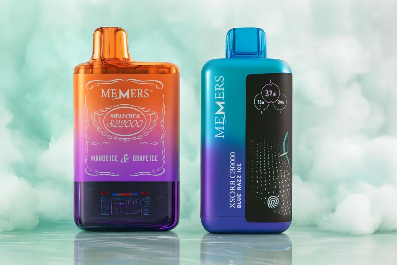 A close-up studio shot shows two electronic vaporizers, an orange-to-purple one on the left and a blue one on the right, against a soft, gradient background. The background features a gentle transition from light green to white, with wisps of white smoke or clouds creating a dreamy effect. The devices are positioned upright and well-lit, highlighting their sleek designs and vibrant color gradients.
