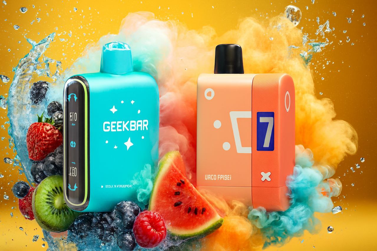A bright and dynamic image of two rectangular disposable vape devices, one teal and one orange, set against a yellow background. They are flanked by a contrasting cloud of teal and orange vapor and liquid splashes, along with an assortment of fresh fruits, including watermelon, strawberries, and various berries.
