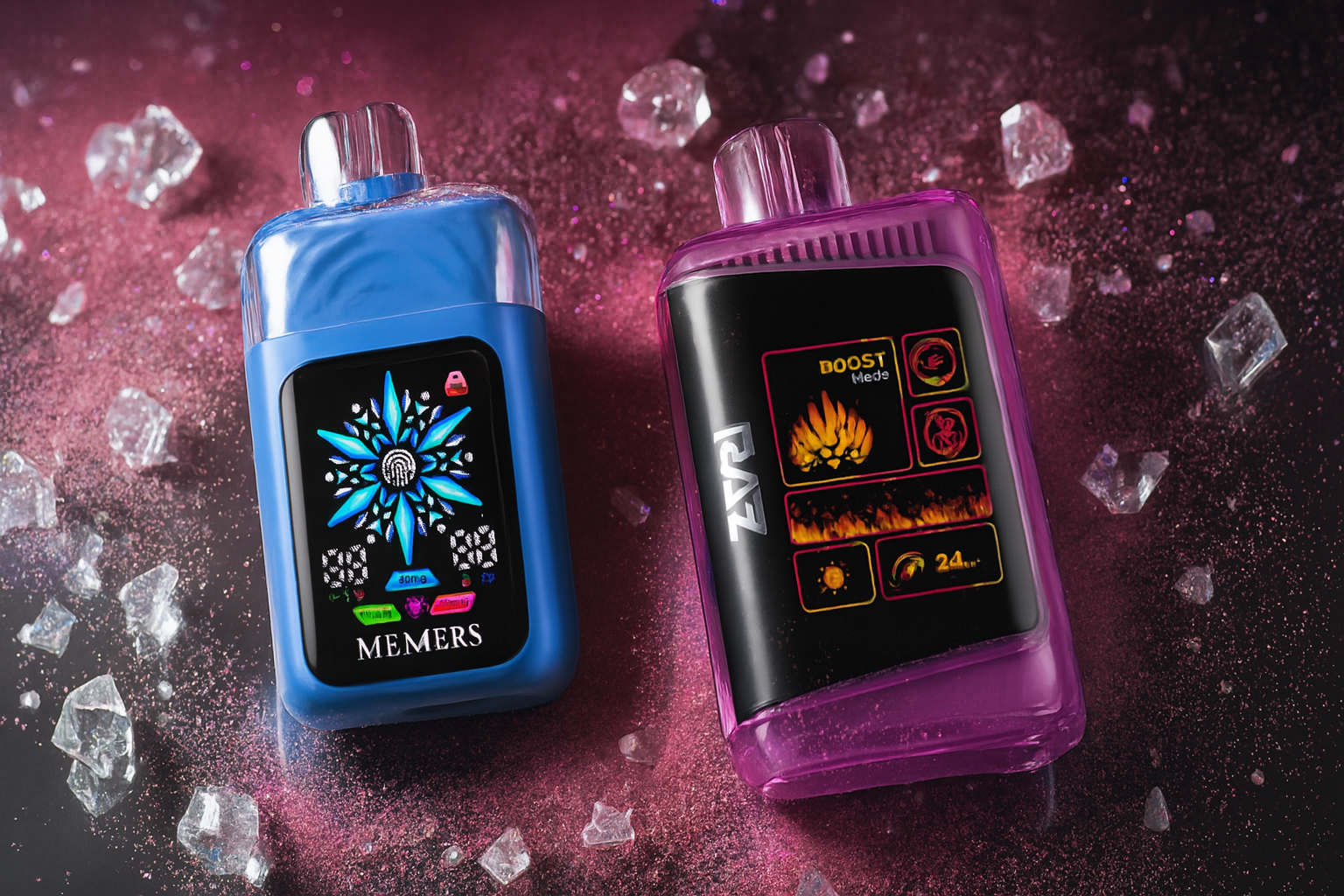 A dramatic product photo shows two vape devices on a cracked, reflective surface with a dynamic, multicolored powder background. The device on the left is a tall, cylindrical gold and red vape with a futuristic, illuminated design on the front. The device on the right is a box-shaped vape that is half purple and half yellow, with a bright digital screen on the yellow side.
